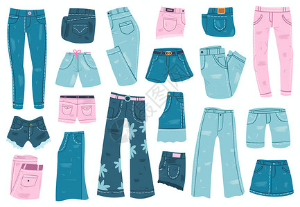 Denim裤子短和裙蓝牛仔裤单服装时髦的散服插件Trendy服装男女基本饰用品Jeans服装背景图片