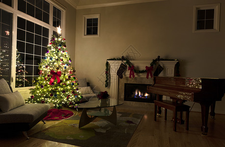 在黑暗的夜晚家中客厅的圣诞精神图片