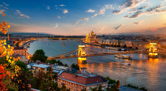兰奇德匈牙利晚夜在布达佩斯亮光时的全景观背景