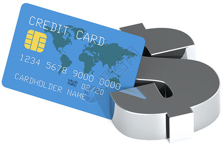 白背景上孤立的美元符号和蓝信用卡3D背景图片