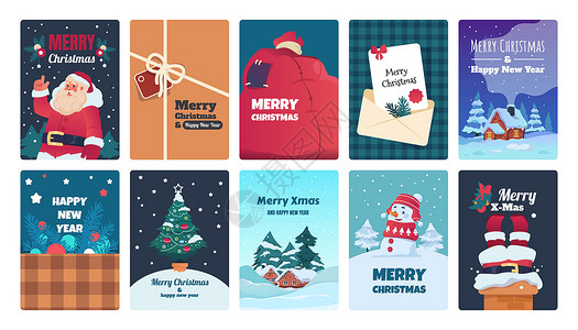 圣诞贺卡通假日明信片圣诞老人带礼物袋和冬季风景和雪人Victorvintage圣诞节旗帜和欢庆祝贺假日明信片圣诞老人带礼品袋和物背景图片