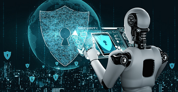 防火墙技术AI机器人利用网络安全来保护信息隐私未来通过人工智能和机器学习过程预防网络犯罪的概念背景