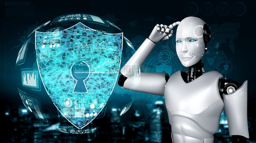 AI机器人利用网络安全来保护信息隐私未来通过人工智能和机器学习过程预防网络犯罪的概念图片