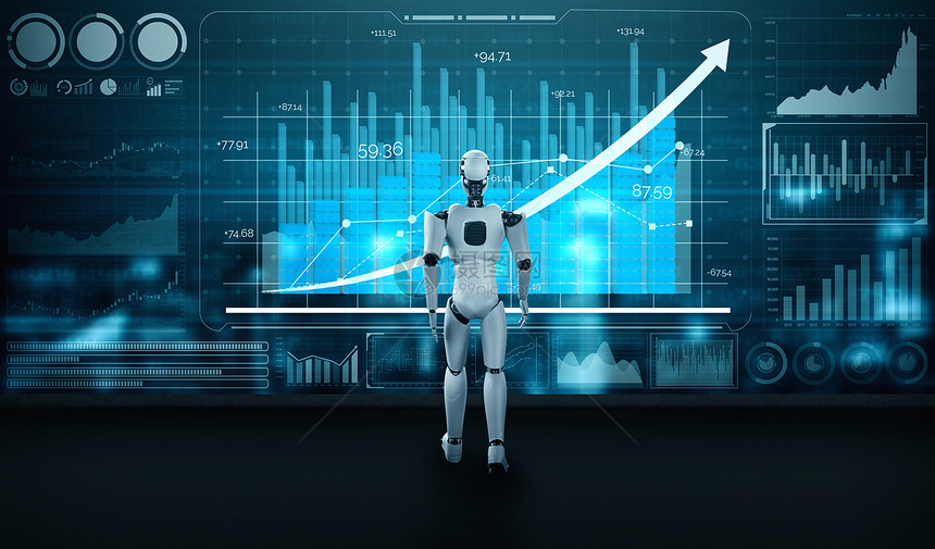 通过使用AI机器人和学习技术分析数据并就未来的商业投资规划提供咨询意见实现商业增长概念图片