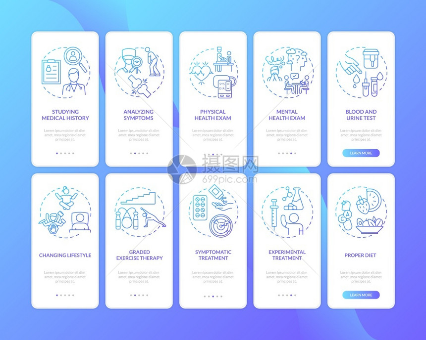使用固定概念的移动应用程序页面屏幕上使用移动应程序屏幕上的眼功能脑炎诊断CFS处理流程通过5步图形指示UI病媒模板配有RGB颜色图片