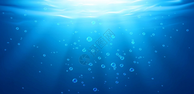 蓝色射光太阳射线下的水底背景插画