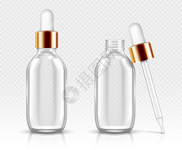 弗拉普装有血清或油液滴子的现实玻璃瓶用于有机芳香精的化妆瓶或子用于美容的抗灭菌基本冷却剂利用孤立的透明瓶子3D矢量模拟装有血清或油液瓶插画