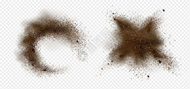 卡地酮咖啡豆和粉的爆炸病媒真实地说明粉碎的烤土咖啡和阿拉伯谷物在透明背景下被孤立的棕色灰尘喷洒插画