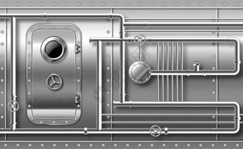 金属铆钉装有管道阀门和振动器的金属门在墙上装有铁管阀门和振动器的金属门插画
