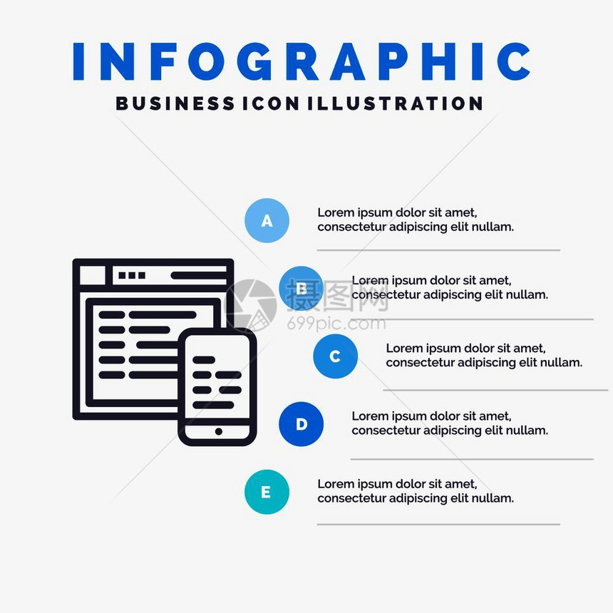 响应设计网站移动蓝色信息图模板5步骤图片