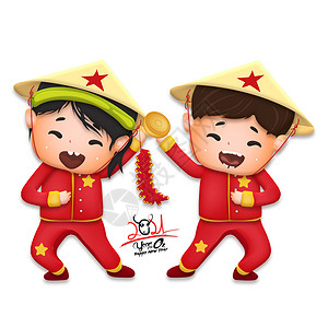 黄色衣服的男孩201年越南新短插图水牛传统红衬衫中可爱的孩子拿着鞭和金币黄帽子月亮新年手画概念卡片海报横幅背景