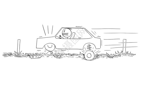 坑洼的矢量卡通插图说明驾驶员的汽车在非常糟糕的道路上满是沥青的坑洞矢量卡通说明驾驶员的汽车在非常糟糕的道路上驾驶满是坑洞插画