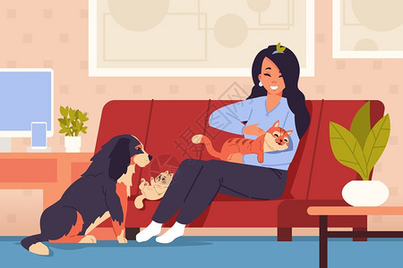小吕孩在家的女宠物卡通孩在舒适的沙发上放松有橙色条纹猫小和大只友善的狗舒适室内温和家畜与宠物在一起的家中妇女与橙色条纹猫小和友善的狗一插画