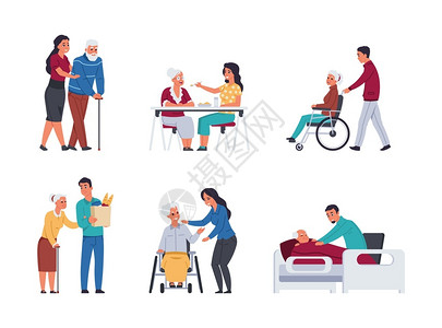 医院轮椅老年人护理帮助老年人的志愿者孤立卡通漫画男女支持退休人员残疾老年用拐杖行走和移动轮椅病媒固定装置卡通青年男女支持退休人员残疾老年插画