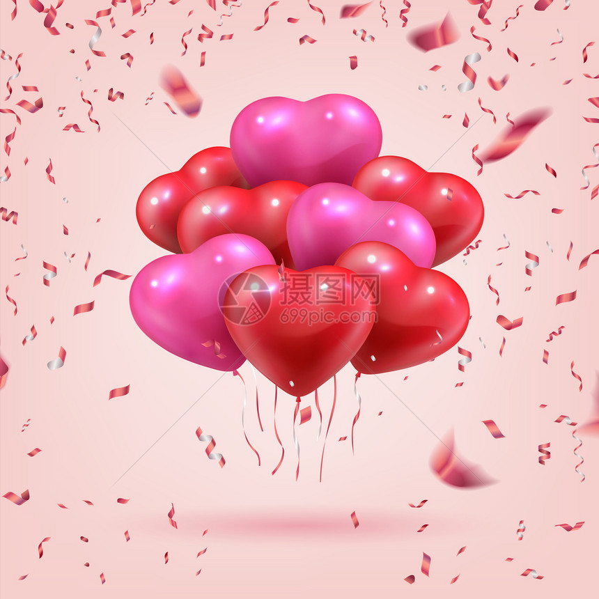 飞行心形气球现实的3D花束用于情人节或母亲浪漫的贺礼装饰元素配有丝带和彩假日的欢乐和祝贺矢量说明飞行的心形气球现实的花束配有情人图片