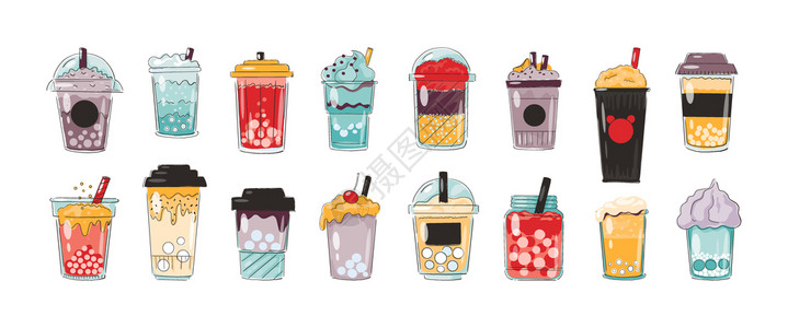 咖啡冰沙各种各样冰淇淋奶茶矢量元素插画