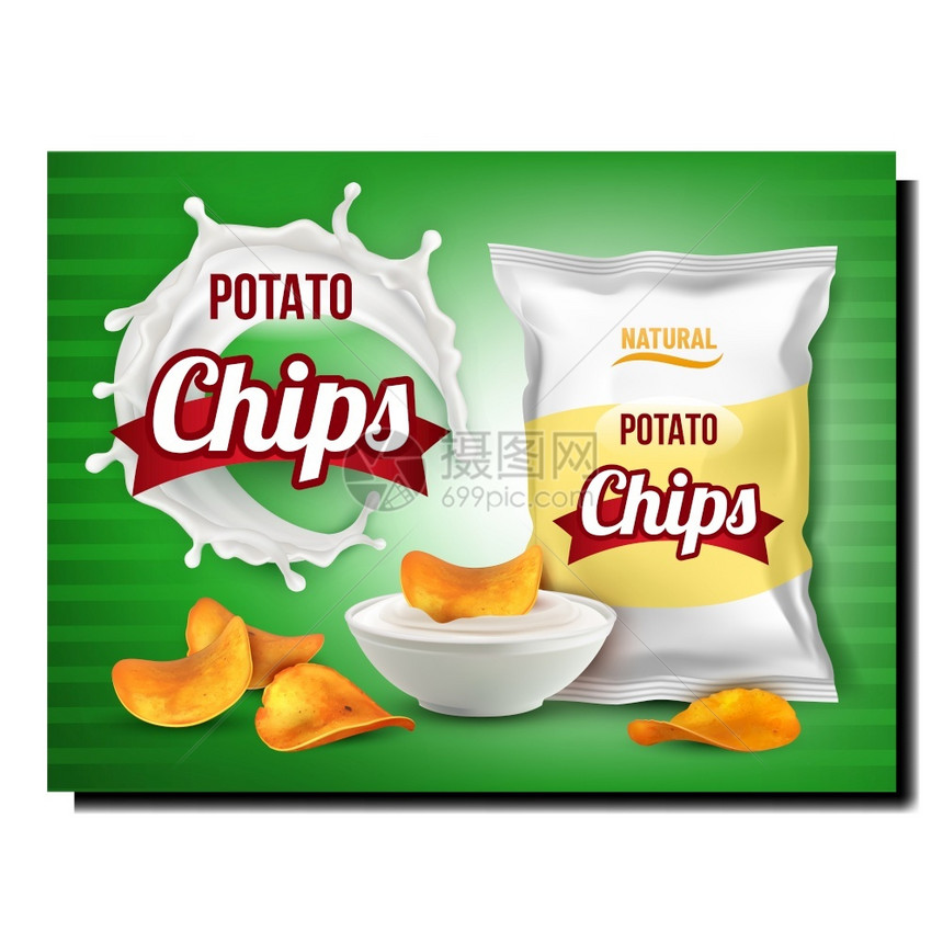 薯片碗中的蛋黄酱粉和广告海报的袋包不健康饮食风格概念模板说明图片