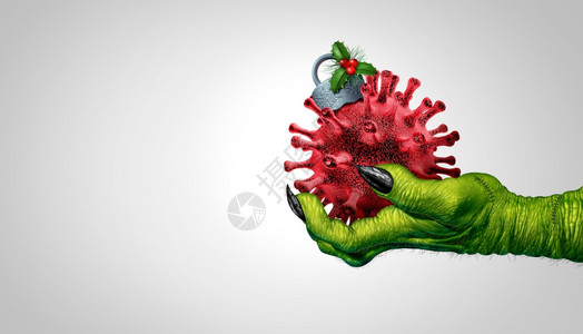 预防乙流邪恶节和圣诞季感染或冬流疾病的概念是一种装饰树木的品在流行病爆发时象3D一样形成传染细胞背景