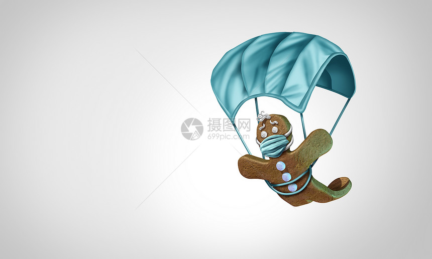 Gingerbread人有面罩概念作为预防保健和疾病冬季假日标志作为医疗设备降落伞用3D插图来预防图片