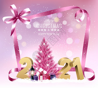 圣诞快乐和新年假期背景粉红色圣诞树和礼物矢量插图图片