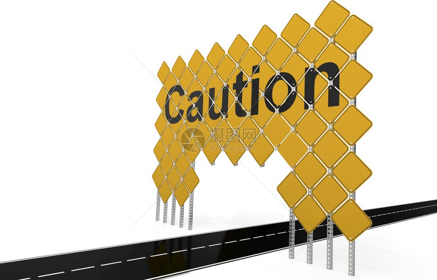 巨大的黄色道路标志谨慎的字3D图片