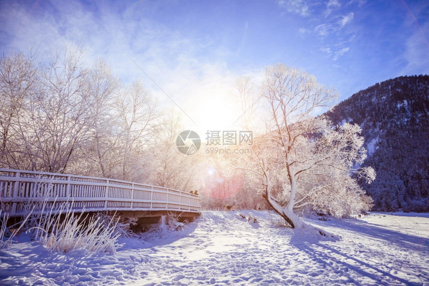 古时冬季风景木桥和雪树背景的山脉图片