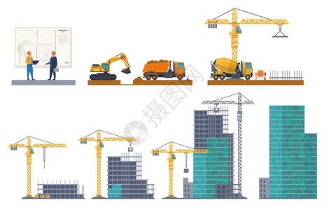 建造师证建筑阶段房屋的兴建项目讨论挖坑掘倒地框架建造混凝土板机械和设备起重建筑工地的卡车矢量平板概念建筑阶段房屋的兴建机械和起重建筑工地插画