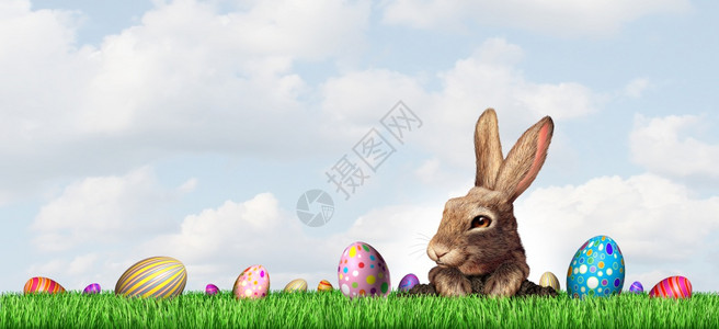 复活节和春季或4月的庆季背景有兔子和装饰鸡蛋配有3D成份图片
