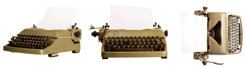 白色背景孤立于若干不同位置的空白纸页老式机械打字图片
