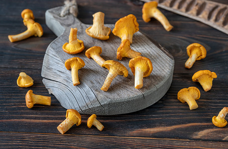 木板上新鲜的香奈儿蘑菇图片