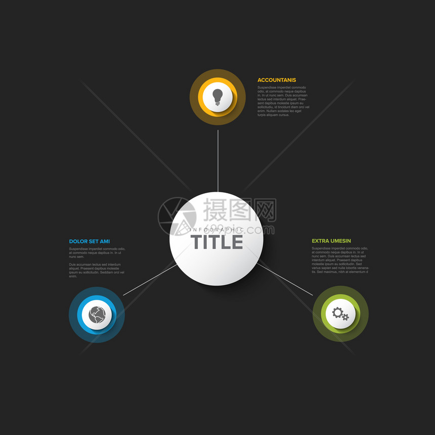 矢量多用途Infograph模板包含三个元素选项和暗底背景的现代颜色图片