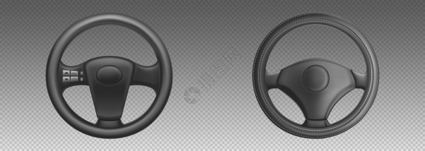 汽车喇叭素材矢量现实的黑色皮革汽车方向轮以透明背景隔离模式和车角按钮插画