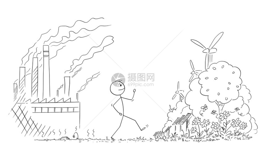 矢量卡通棒图说明人类从重工业和煤炭厂污染破坏的自然之地行走向可再生能源的美好未来矢量卡通说明人类与自然一起行走遭到工业和污染破坏图片