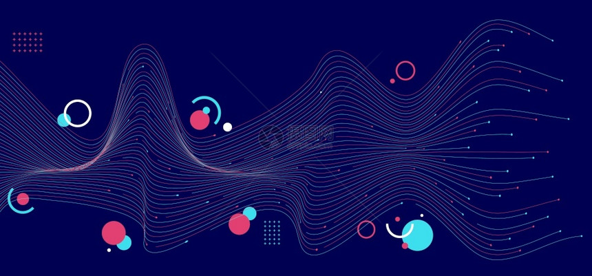 蓝色和粉波线摘要以深蓝色背景为几何技术数字据通信科学概念图片