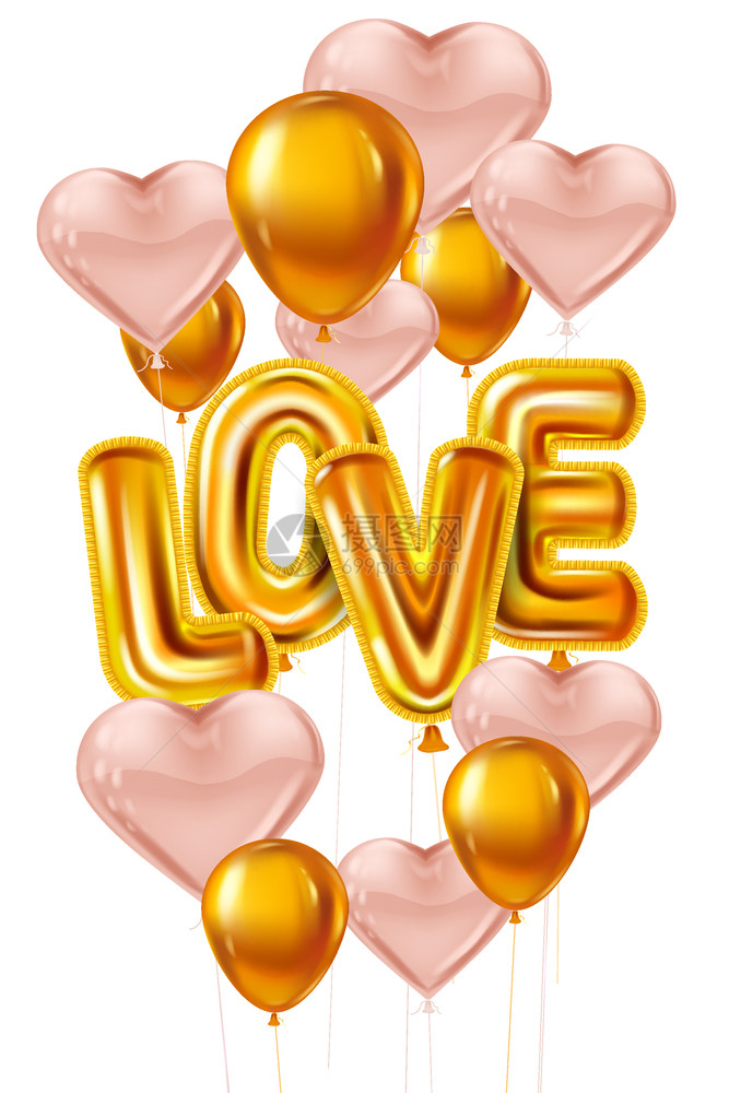 情人节快乐爱金属花气球符合现实的文本情人节快乐爱金属花气球现实的文本心形飘动粉色气球聚会装饰贺卡矢量横幅传单被孤立图片