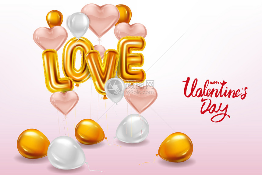 情人节快乐爱金属光滑气球符合现实的文本情人节快乐爱金属光滑气球现实的文本字母心形飞粉色气球派对装饰贺卡图片