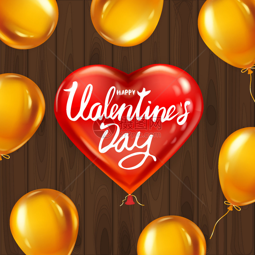 情人节快乐红心形状现实的彩色气球字母背景木桌金气球红心形状现实的彩色气球背景木桌金气球贺卡图片