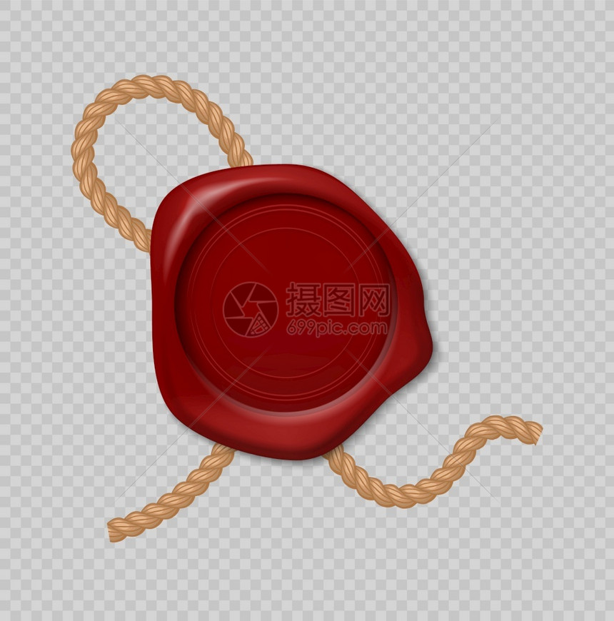 Wax印章真实的红色印章带有透明背景的绳索3D圆形信封或包裹的空印章保证信或书的装饰矢量孤立模板Wax印章真实的红色印章带有透明图片