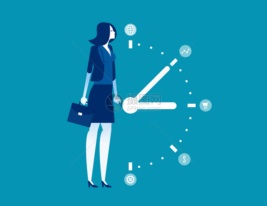 商业妇女和时间管理概念商业系统矢量说明时钟营销图片