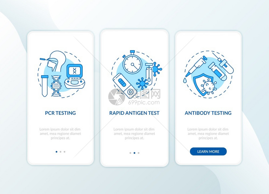 带有概念的移动应用程序页面屏幕上的测试类型抗原体测试通过三步图形指示带有RGB颜色插图的UI矢量模板带有概念的移动应用程序页图片