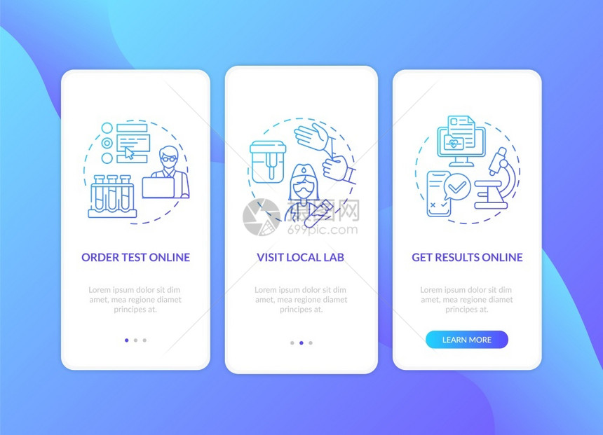 本地实验室结果通过3步图形指示带有RGB颜色插图的UI矢量模板实验室测试带有概念的移动应用程序屏幕上命令步骤图片