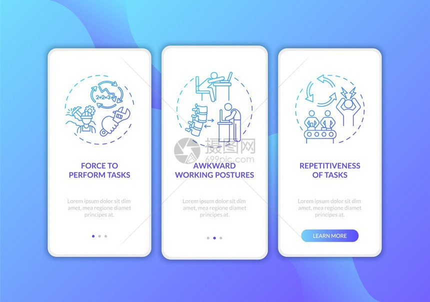 任务能尴尬的姿势跳过3步图形指示带有RGB颜色插图的UI矢量模板带有概念的移动应用程序屏幕上压力图片
