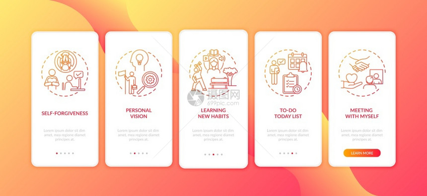 装有概念的移动应用程序页面屏幕上的延缓战斗方法自我原谅护理通过5步图形指示配有RGB颜色插图的UI矢量模板带有概念的移动应用程序图片