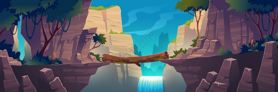 悬崖树梁桥将岩石边缘连接起来自然景观卡通矢量图插画