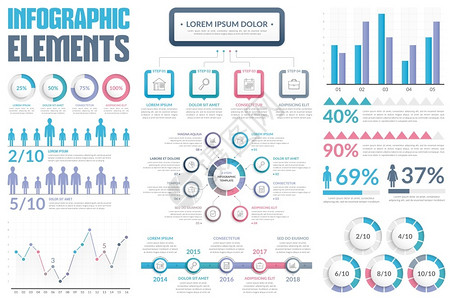 数据圆信息要素条形图和线人圆进程步骤选择圆形进展指标时间表百分比矢量eps10插图插画