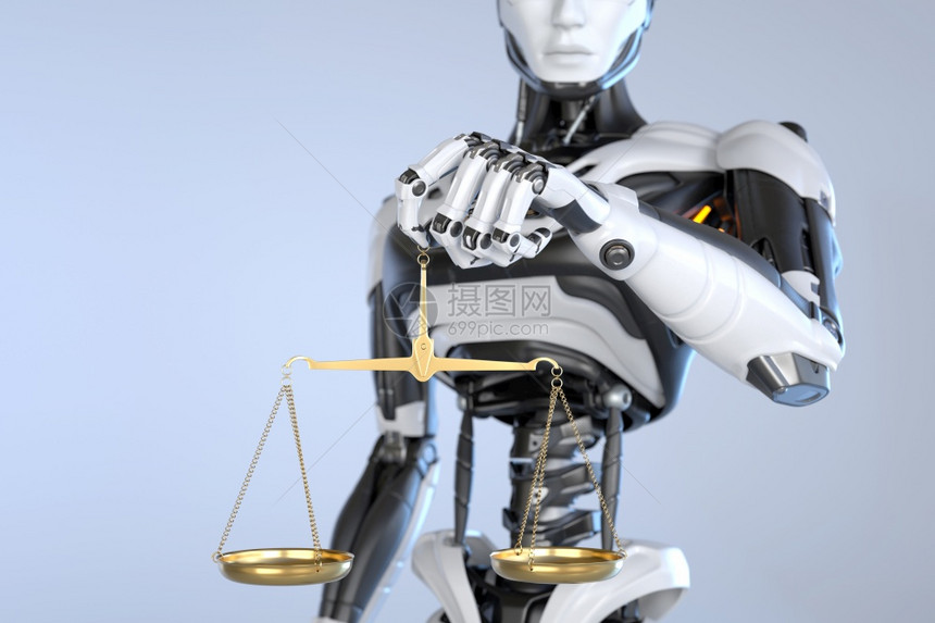 3D说明机器人和持有司法比额表图片