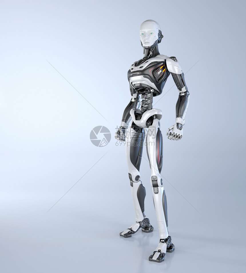 机器人和在浅灰色背景上装扮3D插图图片