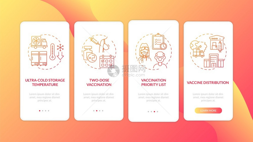 疫苗分配过程通四步图示指配有RGB颜色插图的UI病媒模板配有概念的移动应用程序屏幕上配有移动应用程序屏幕的新冠疫苗接种图片