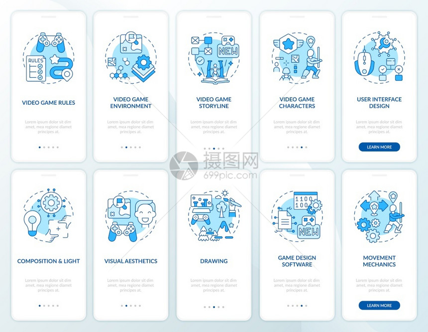 视频游戏设计在置概念的移动应用程序页面屏幕上登游戏设计视频游戏创建横跨10步图形指示带有RGB颜色插图的UI矢量模板视频游戏设计图片