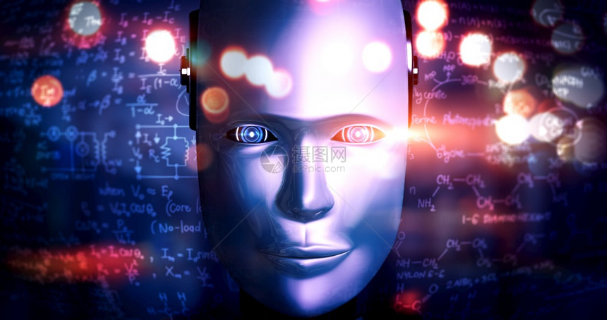 机器人类面临工智能思考大脑的工程科学研究图形概念人工智能和机器学习过程用于第4次工业革命3D插图机器人类面临工程科学研究的图形概图片
